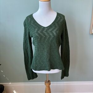 Judith Hart Green Crochet Knit Sweater Ramie Cotton Blend V-Neck Small